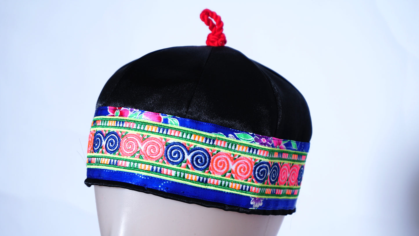 Hmong Hat Blue/Pink Qwj Blue Floral Trim