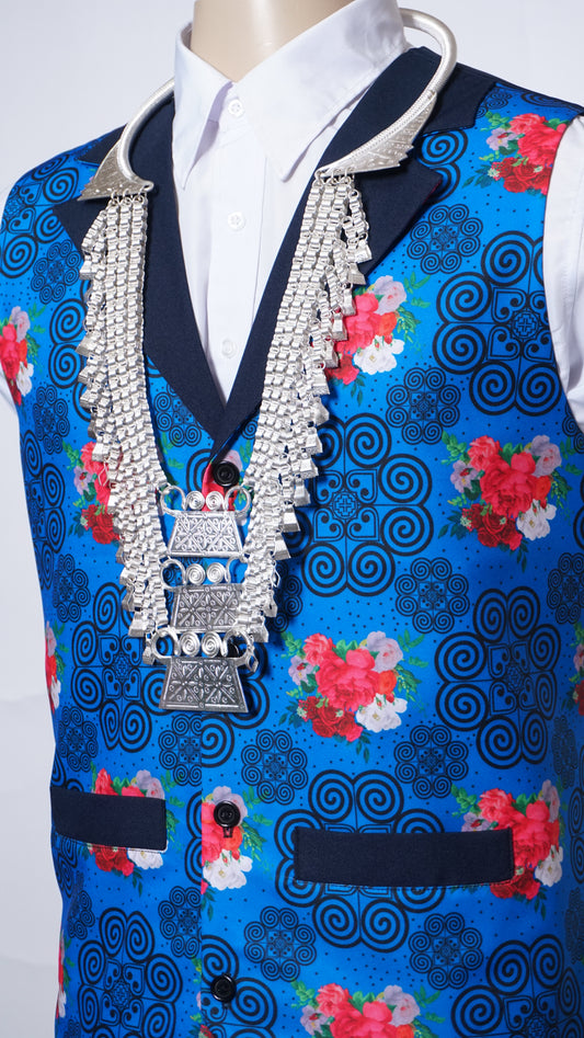 Printed Hmong Vest Blue Floral Qwj