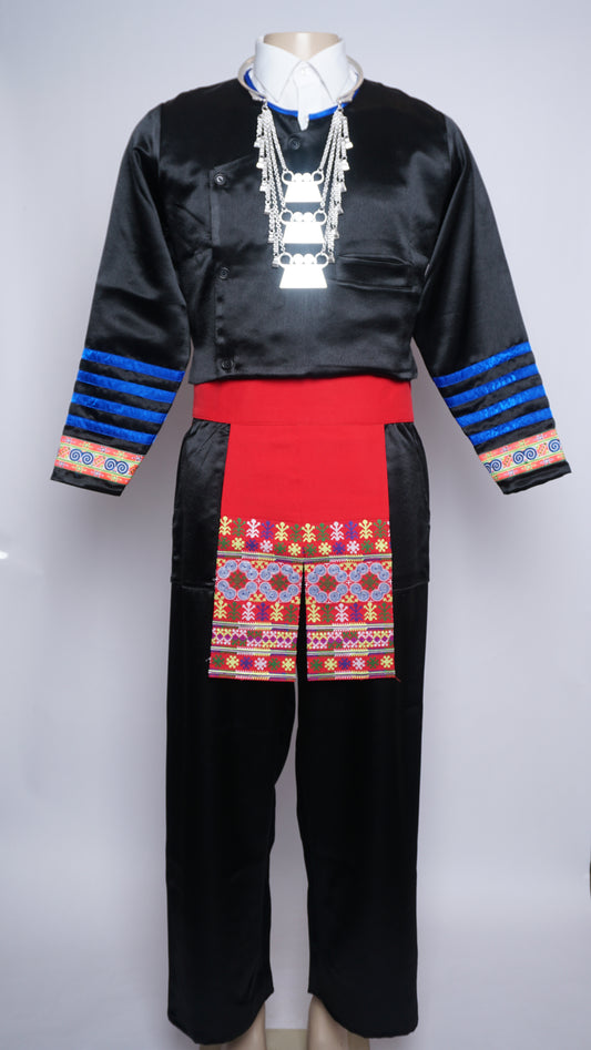 Men Hmong Txaij Set- Neon Pink Trim/Black Satin (46")