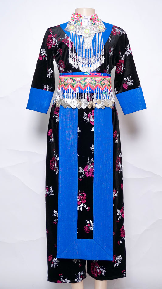 Hmong Nplooj Sev Pink Floral-Blue