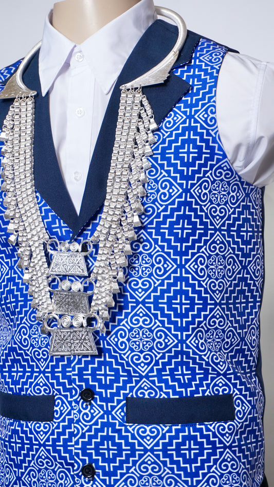 Printed Hmong Vest Blue Diamond Qwj