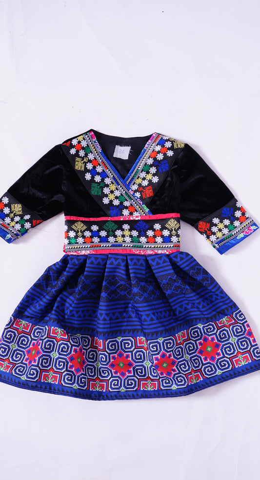 One Piece Hmong Girl Dress-Blue Qwj
