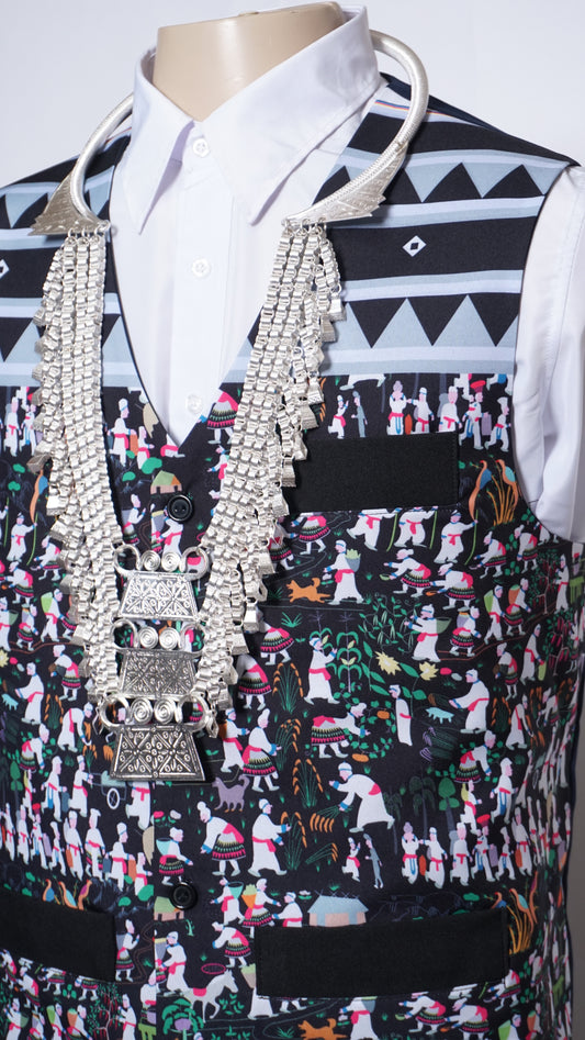 Printed Hmong Vest Hmong Story- no collar (46")