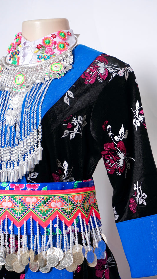 Hmong Nplooj Sev Pink Floral-Blue