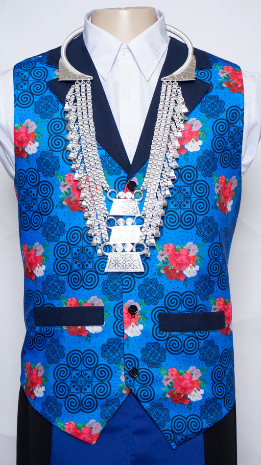 Printed Hmong Vest Blue Floral Qwj