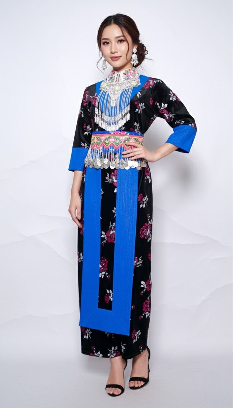 Hmong Nplooj Sev Pink Floral-Blue – Hmong Custom Clothes