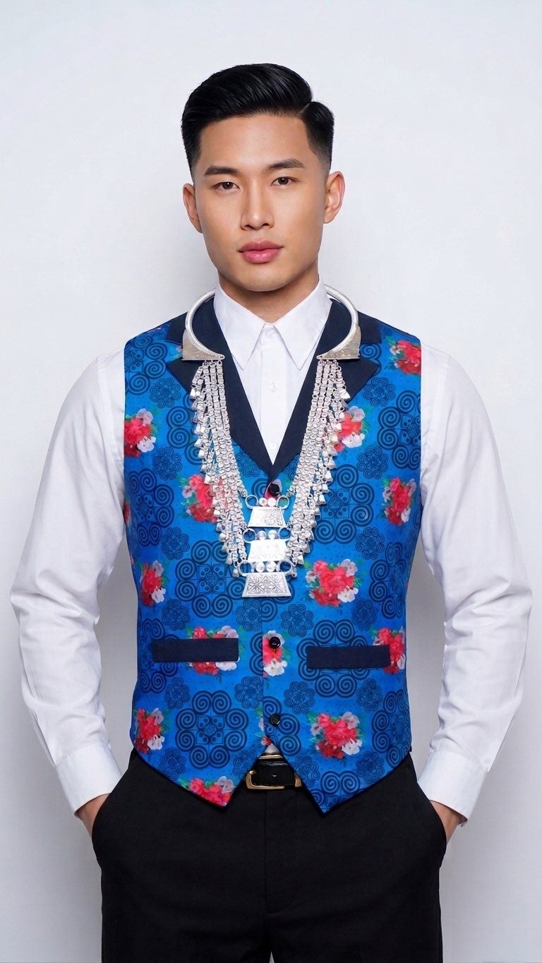 Printed Hmong Vest Blue Floral Qwj