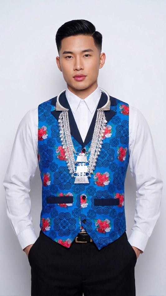 Printed Hmong Vest Blue Floral Qwj