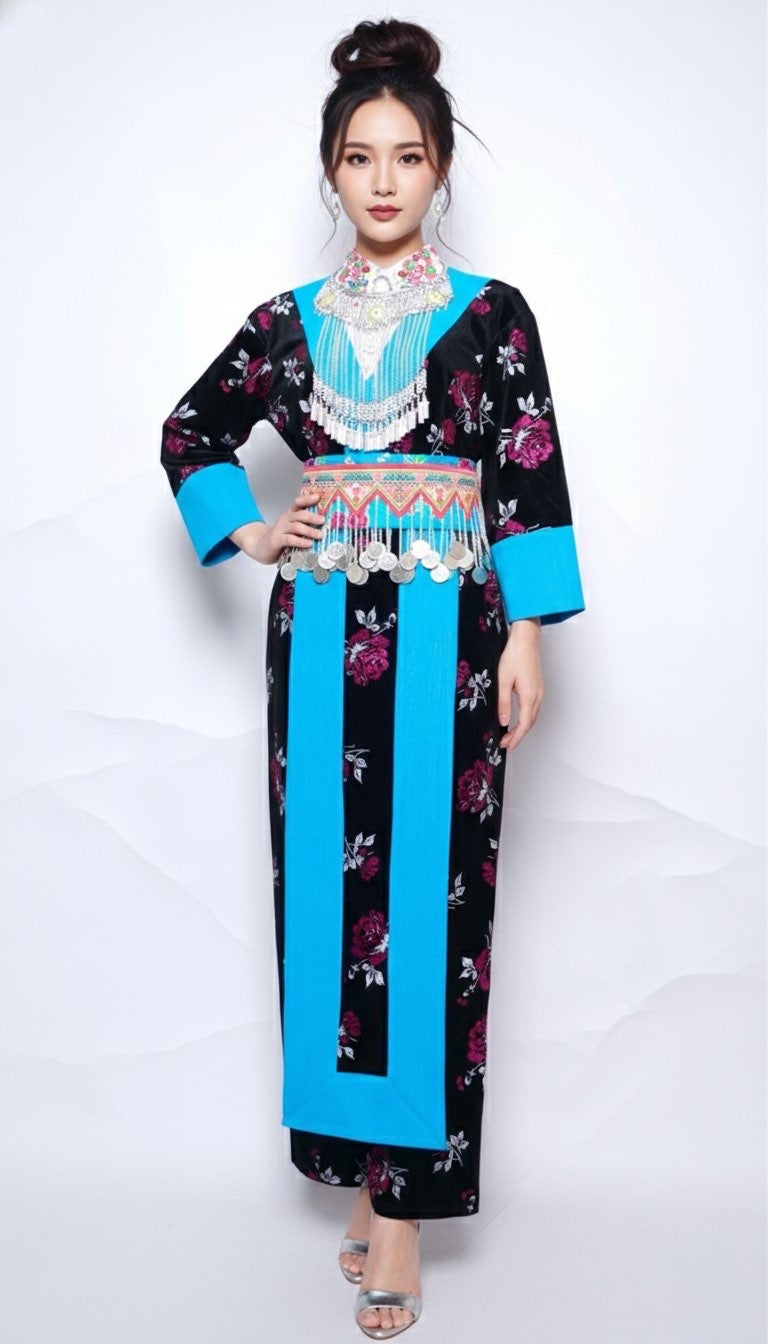 Hmong Nplooj Sev Pink Floral-Light Blue (40")