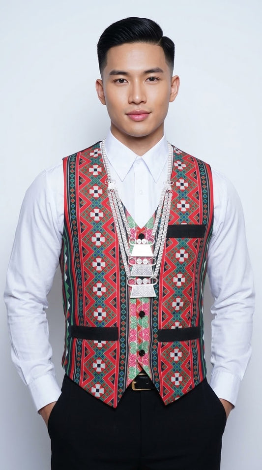 Printed Hmong Vest Red Diamond Qwj