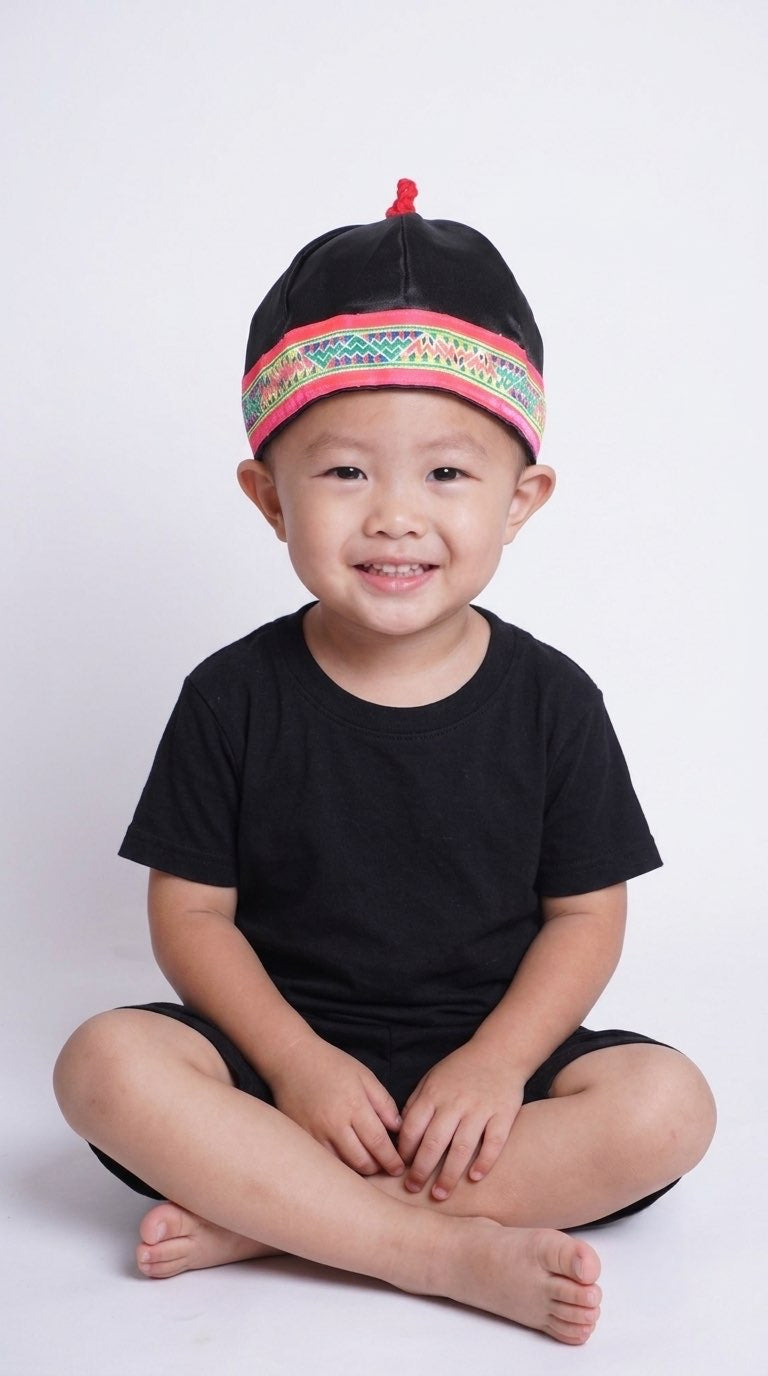 Hmong Hat-Pink Trim Small Triangle Pattern
