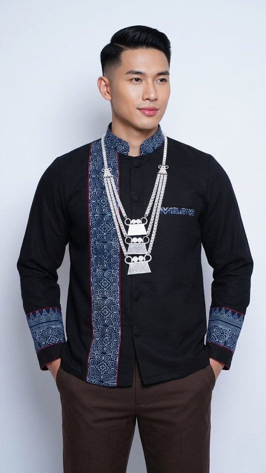 indonesian dress shirt Men's Cotton Batik Shirt with Traditional Balinese Motifs