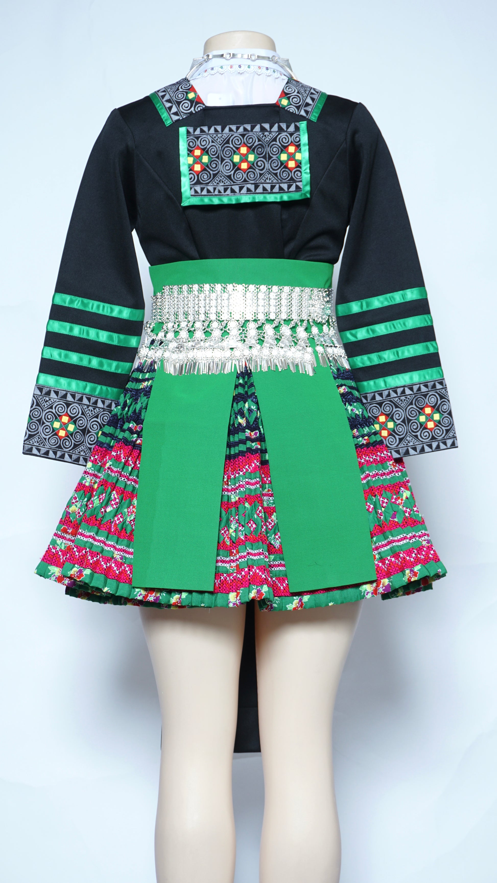 hmong green dress Handmade Hmong Embroidered Midi Dress: Ethnic Green & Black Boho Outfit