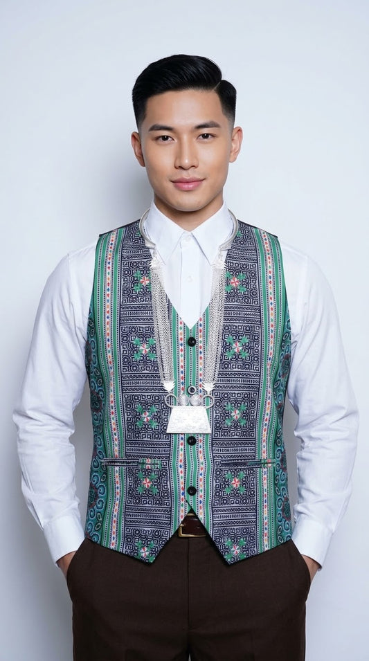 Printed Hmong Green Qwj Vest