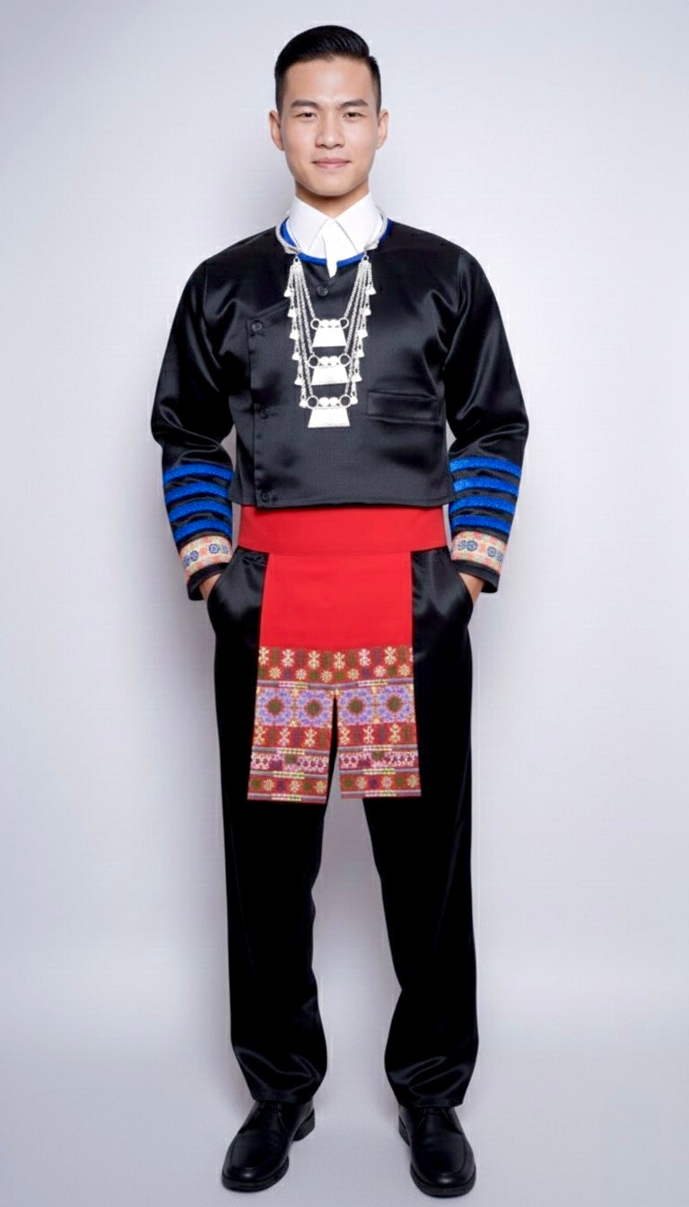 Men Hmong Txaij Set- Neon Pink Trim/Black Satin (46")