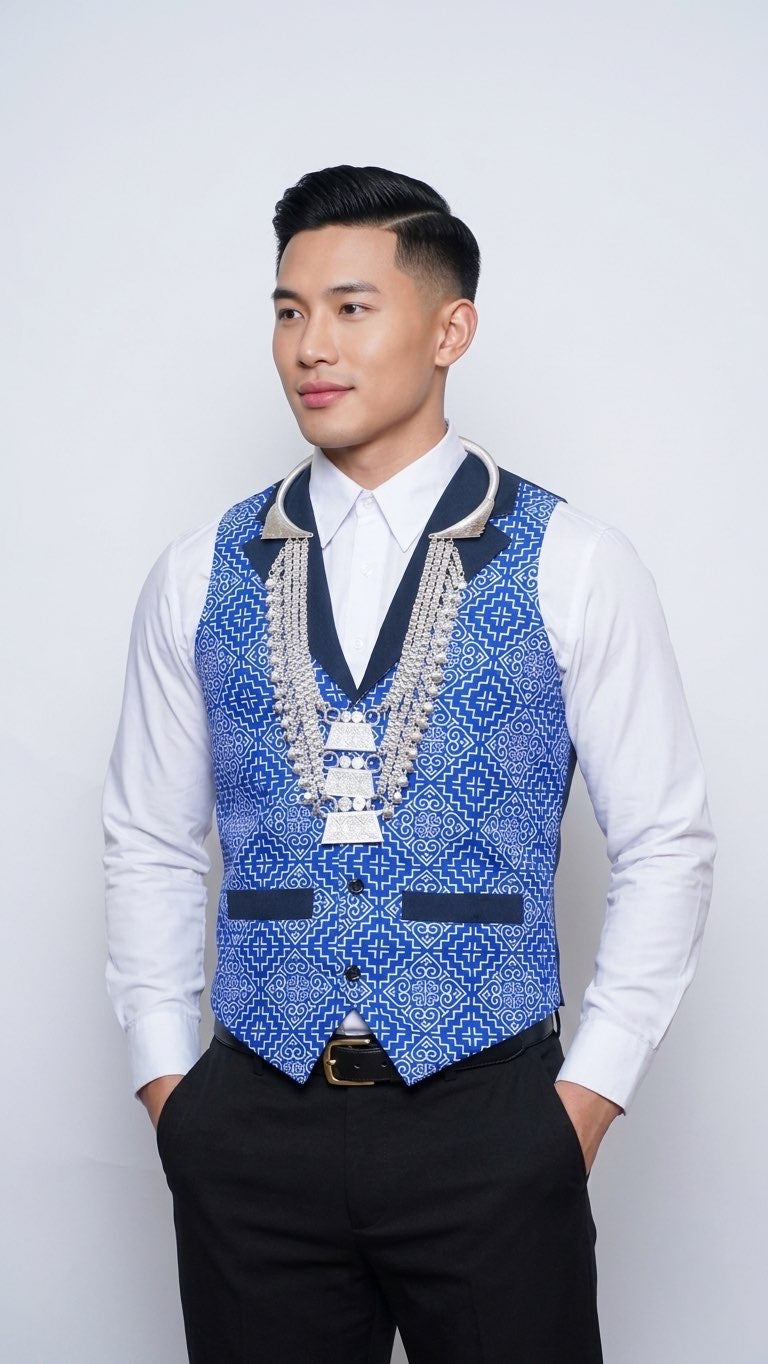 Printed Hmong Vest Blue Diamond Qwj