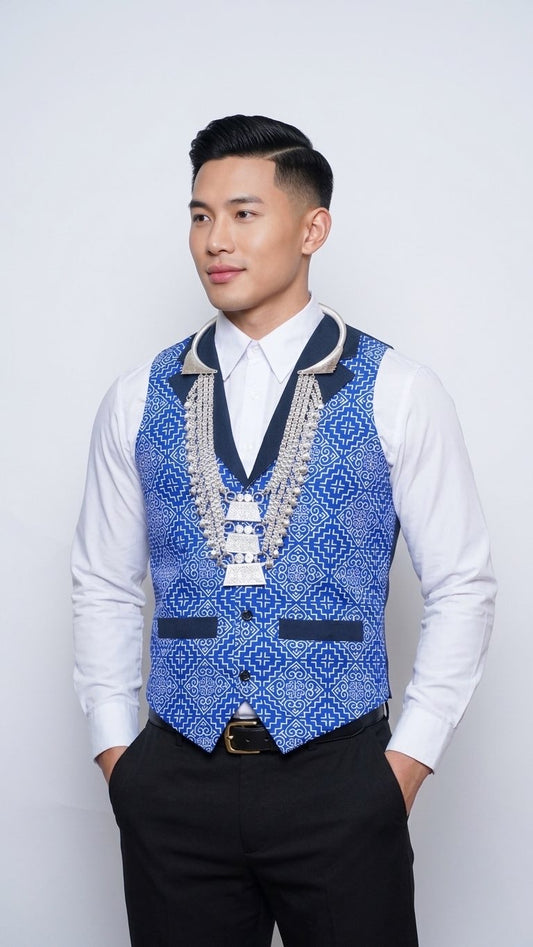 Printed Hmong Vest Blue Diamond Qwj